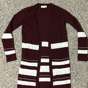 Women's Burgundy and White Striped Sweater Cardigan